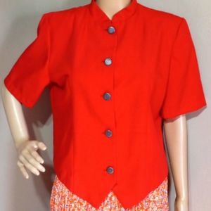 Vintage 80s Cactus Flower red poly rayon fitted cropped jacket, sz L